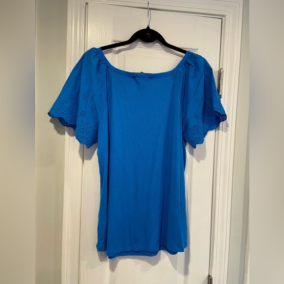 NWT Steve Madden Size XL Royal Blue Ribbed Stretch Top Cotton Eyelet Puff Sleeve - Picture 6 of 11